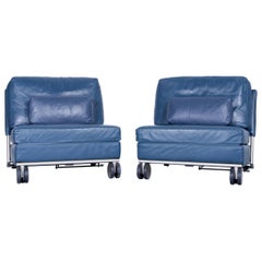 COR Vintage Designer Recliner Chair Set of Two Leather Blue Couch