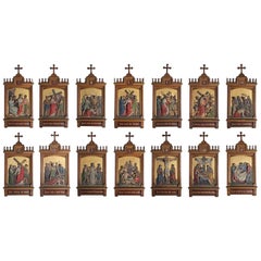 Set of Fourteen 19th Century Gothic Stations of the Cross Religious Paintings