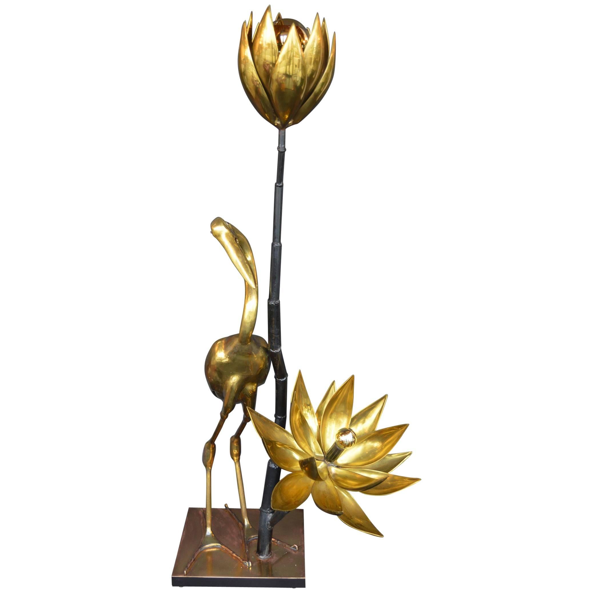 Brass Crane and Lotus Floor Lamp