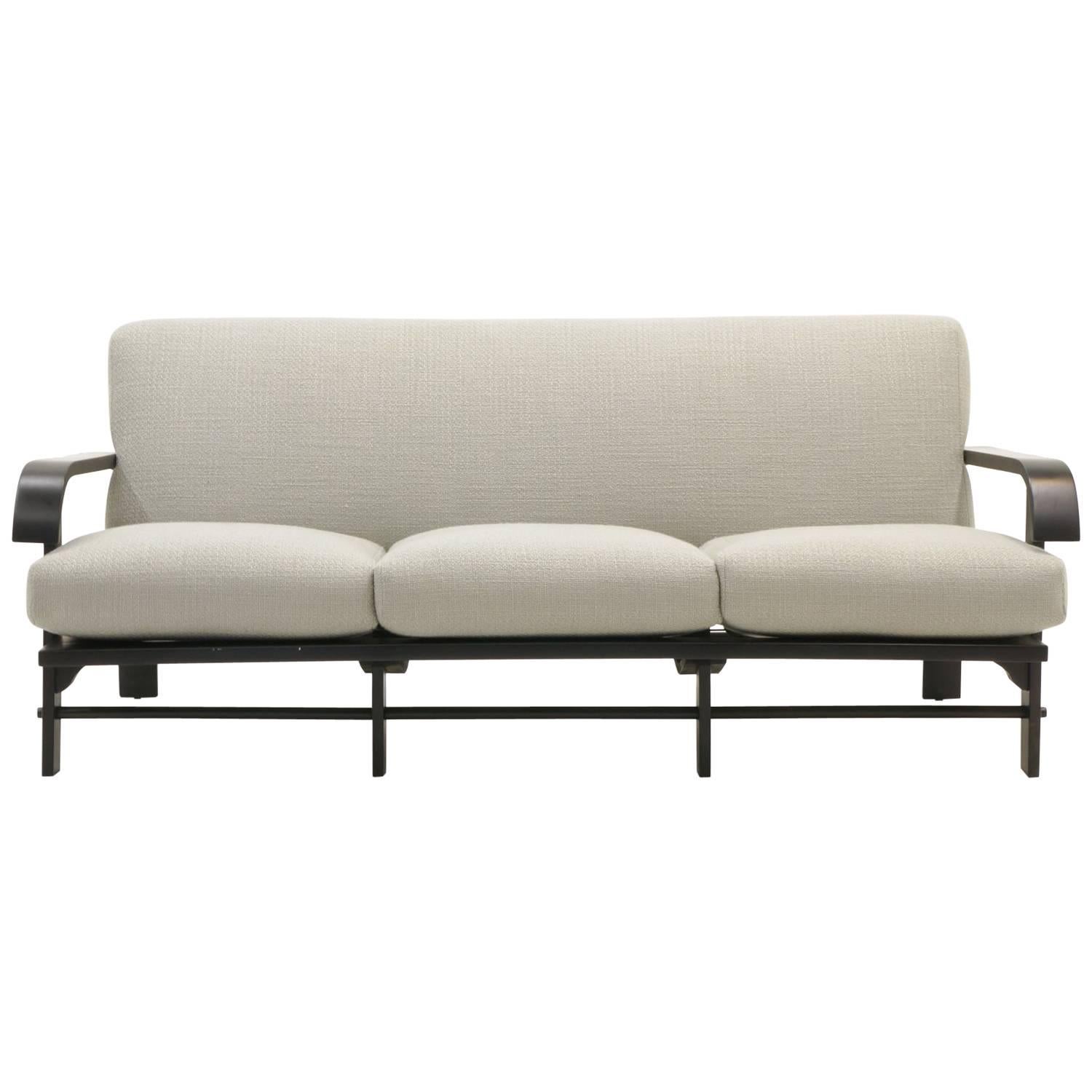 Three-Seat Sofa by Russell Wright, Black Frame and Light Grey-Silver Fabric