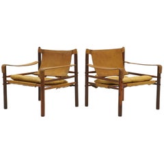 Pair of Sirocco Safari Lounge Chairs by Arne Novell, Rosewood and Leather