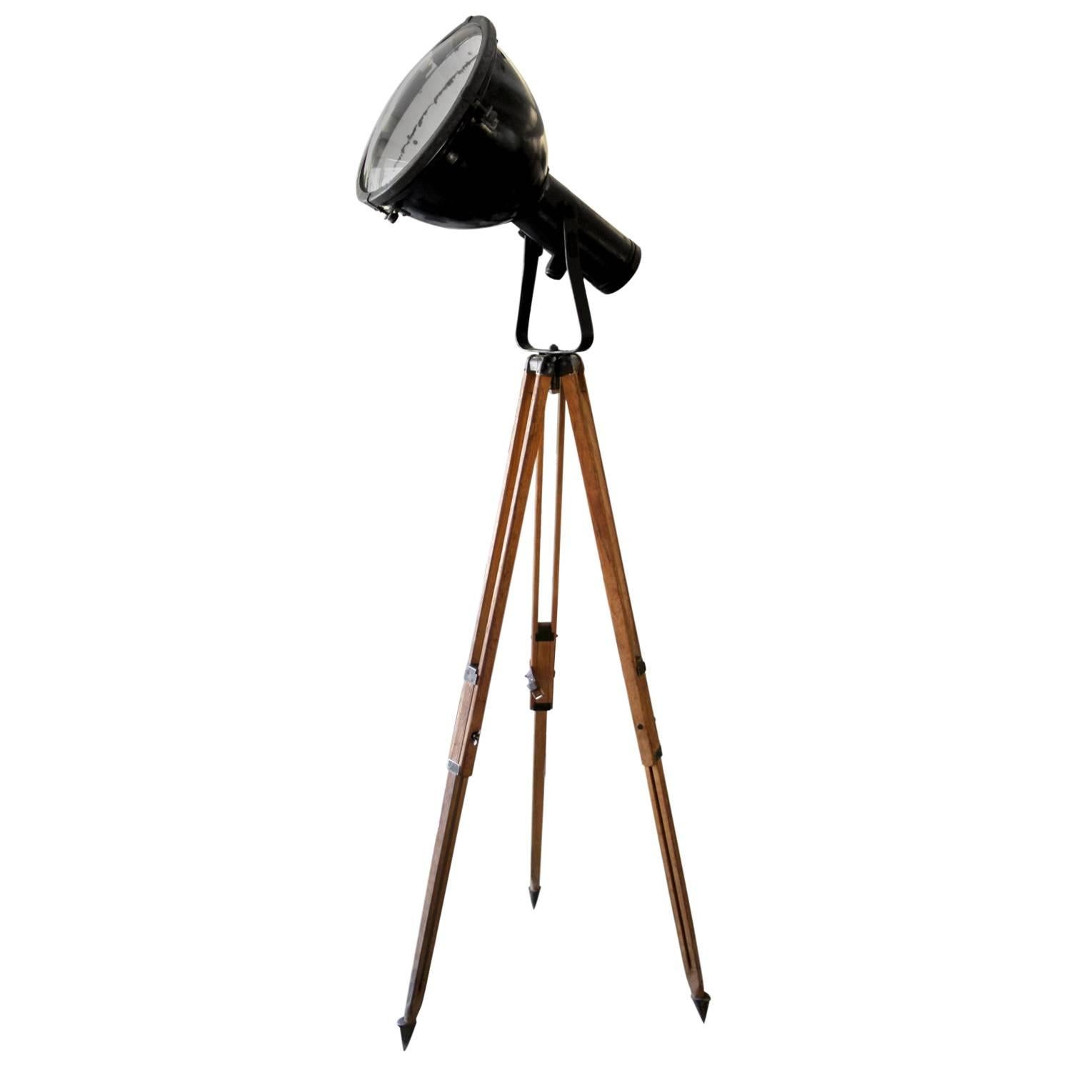 Black Enamel Industrial Spot Light Round Glass Wooden Tripod Floor Lamp 