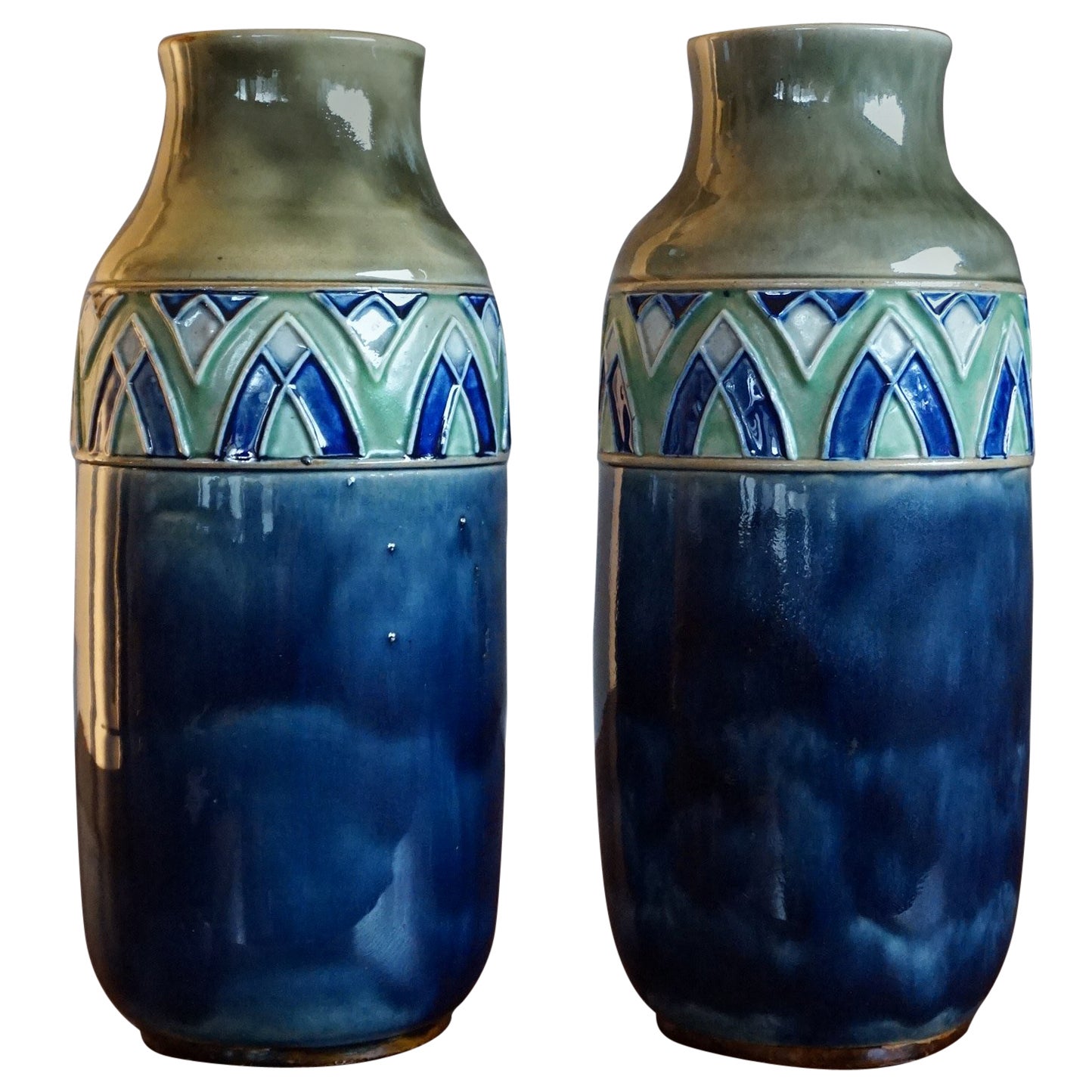 Pair of Tall Royal Doulton Art Nouveau Lambeth Vases by Winnie Bowstead