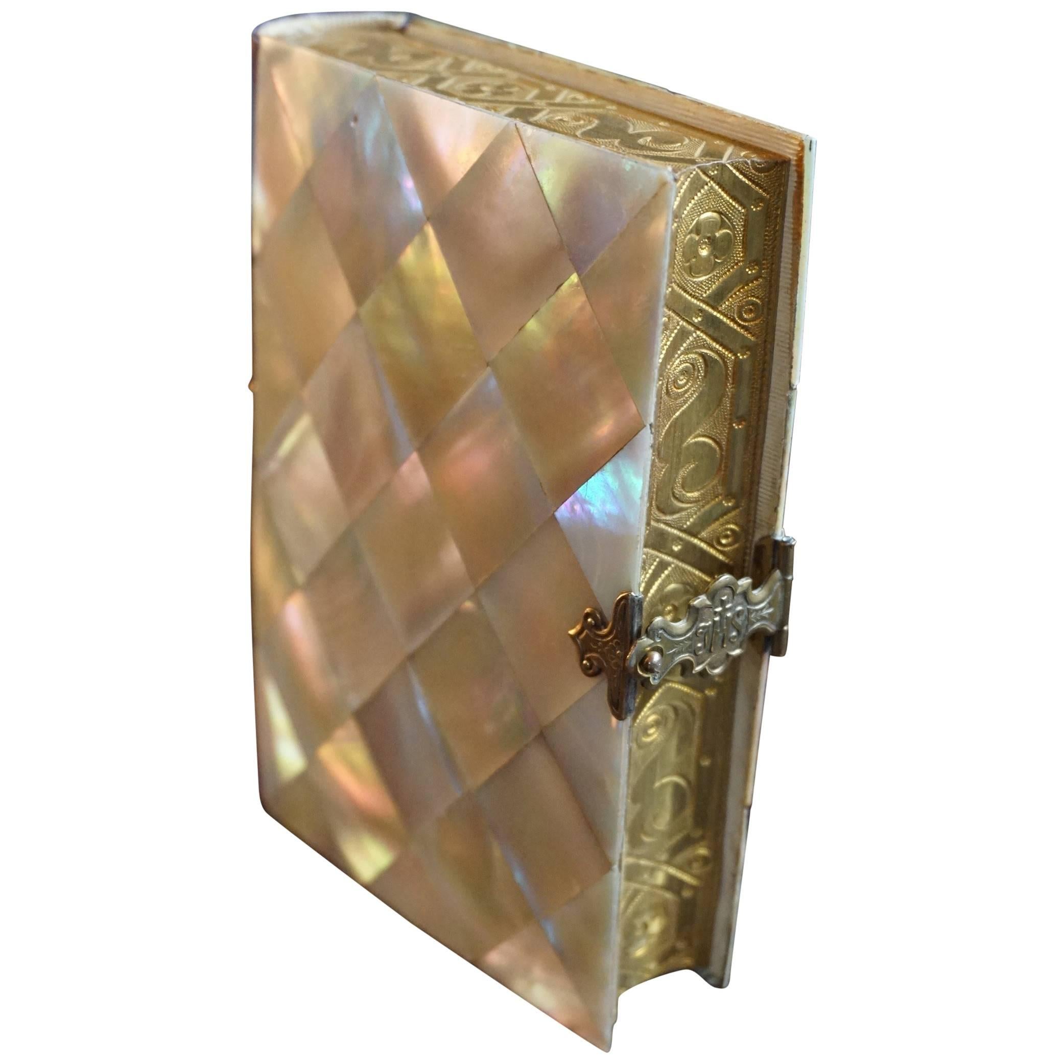 Mother-of-Pearl Book of Prayer with Ihs Embossed Brass Clasp and Gilt Pages