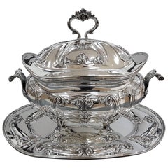 20th Century Italian Sterling Silver Soup Tureen Plus Tray Baroque replica