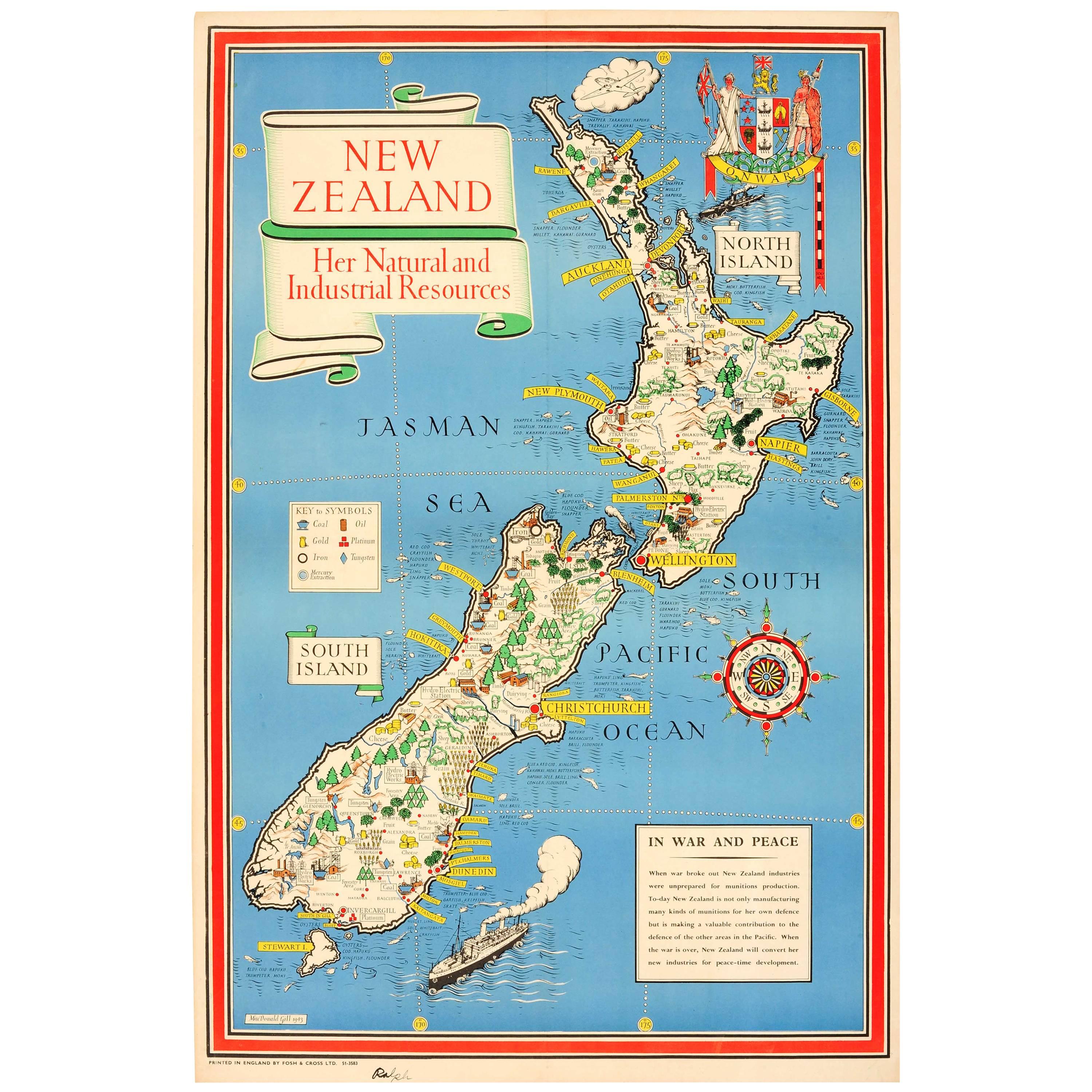 Carte originale de la Nouvelle-Zélande datant de la Seconde Guerre mondiale - Ressources naturelles et industrielles en temps de guerre et de paix en vente