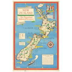 Vintage Original WWII Map of New Zealand - Natural & Industrial Resources in War & Peace