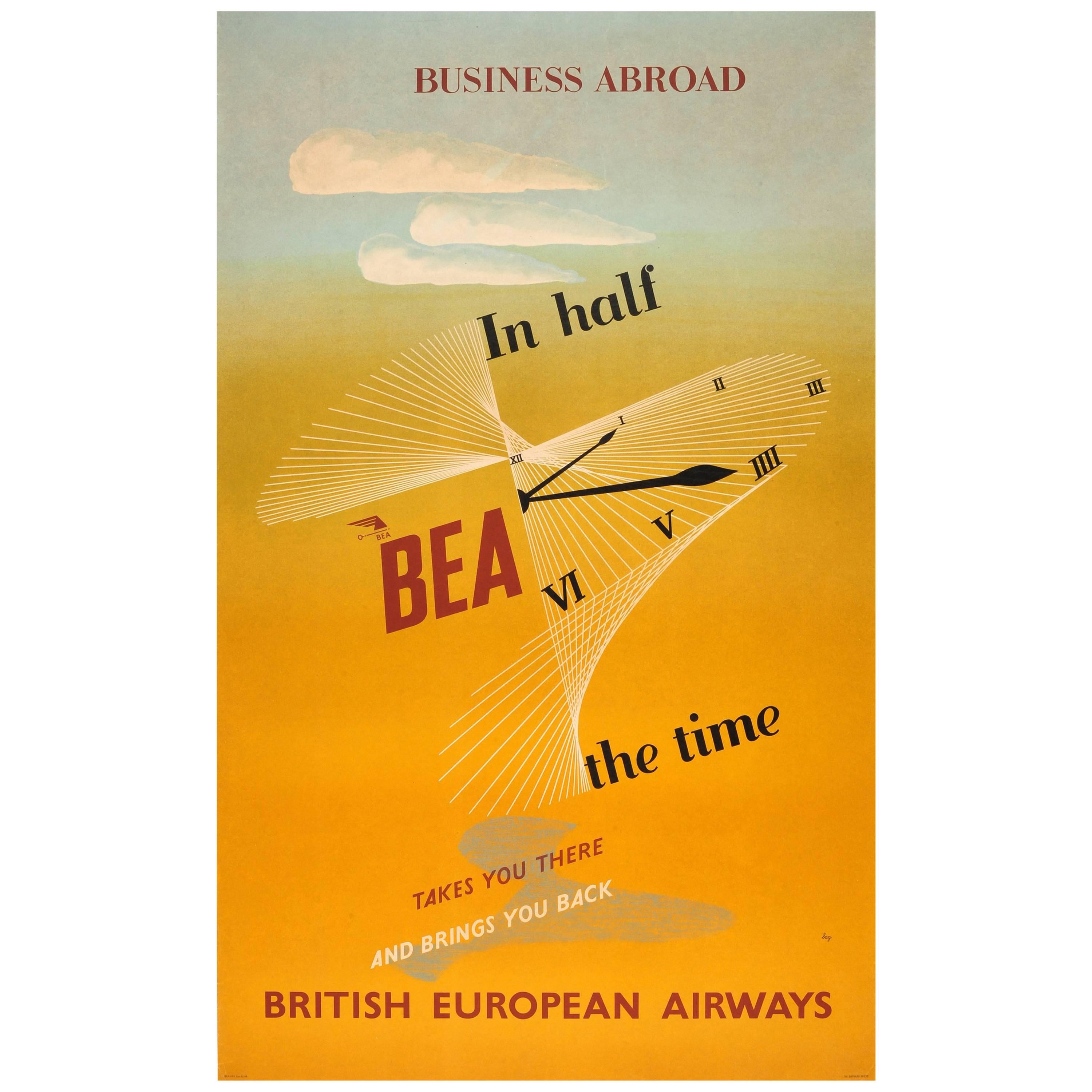 Original Vintage Midcentury British European Airways Poster for Business Abroad For Sale