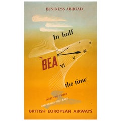 Original Used Midcentury British European Airways Poster for Business Abroad