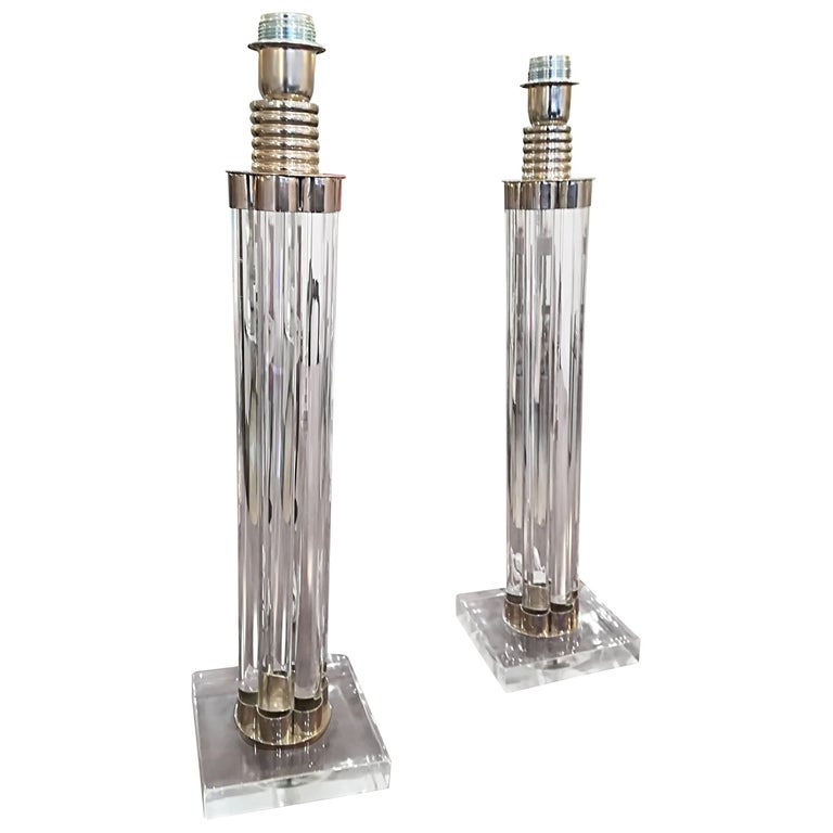 Elegant Pair of Glass and Nickel Plated Metal Table Lamps at 1stDibs
