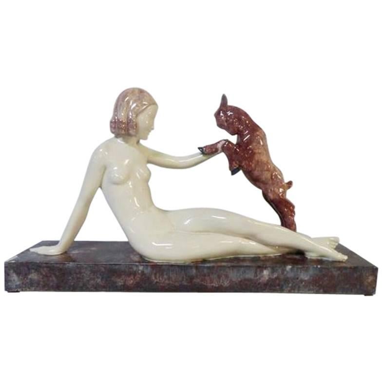 Guero, " Femme à La Biche" Important Art Deco Ceramic Group, Signed For Sale