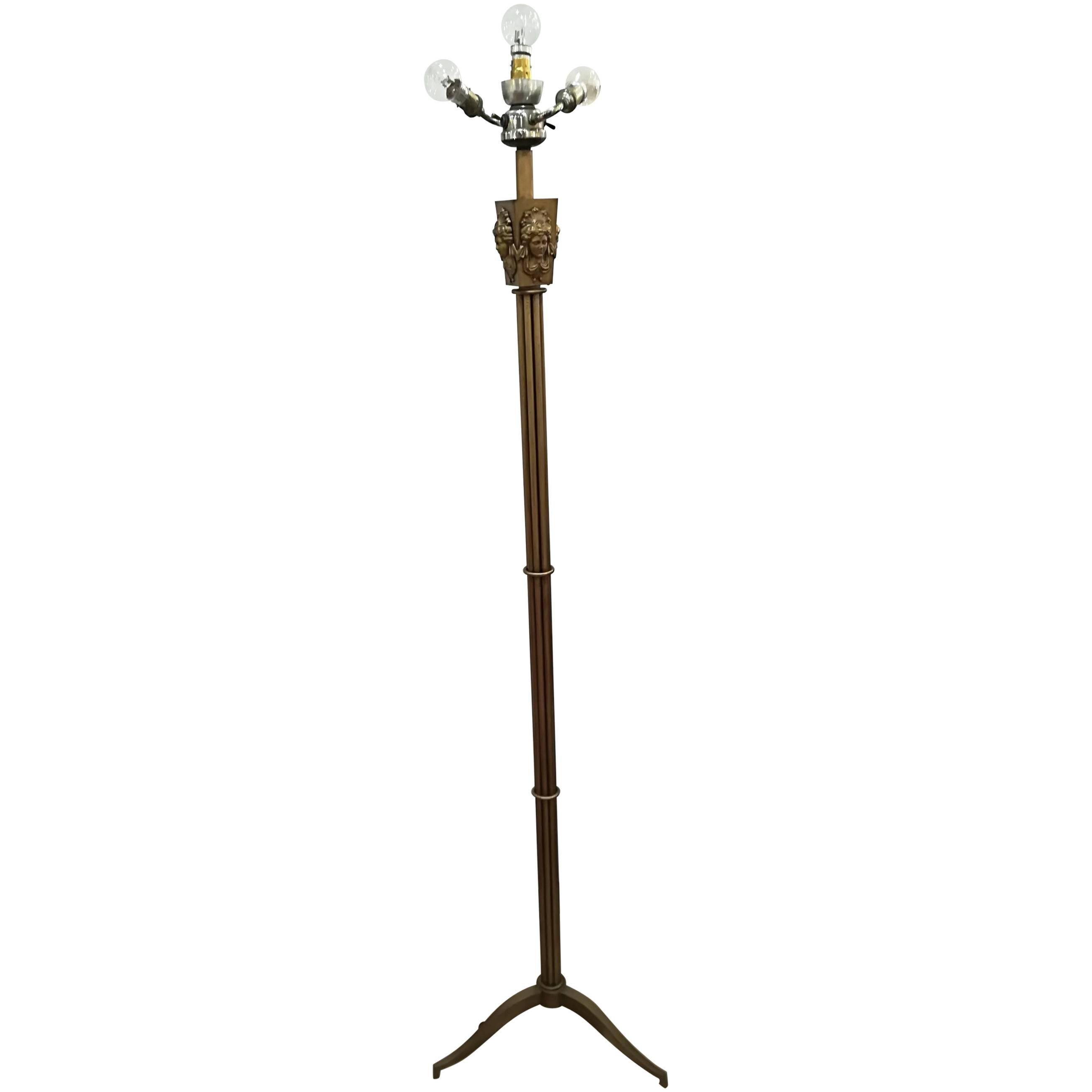 Neoclassical Floor Lamp with Heads Decor, circa 1940 For Sale