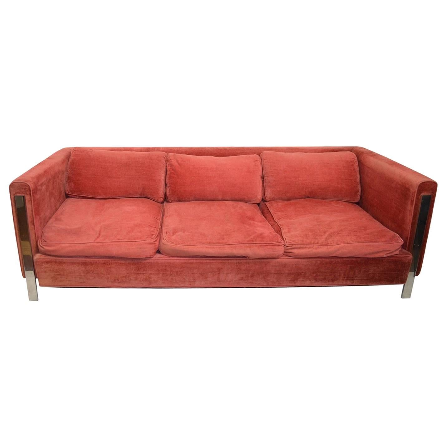 Chrome and Velvet Sofa Attributed to Baughman