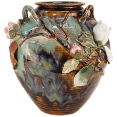 Japanese Glazed Ceramic Vase with Raised Flowers