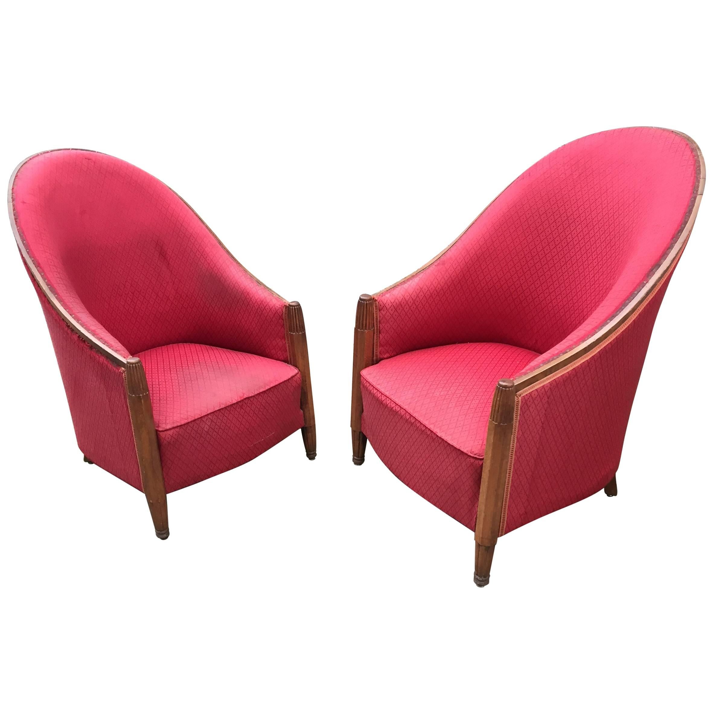Joubert et Petit 'DIM' Attributed Pair of Art Deco Mahogany Club Chairs