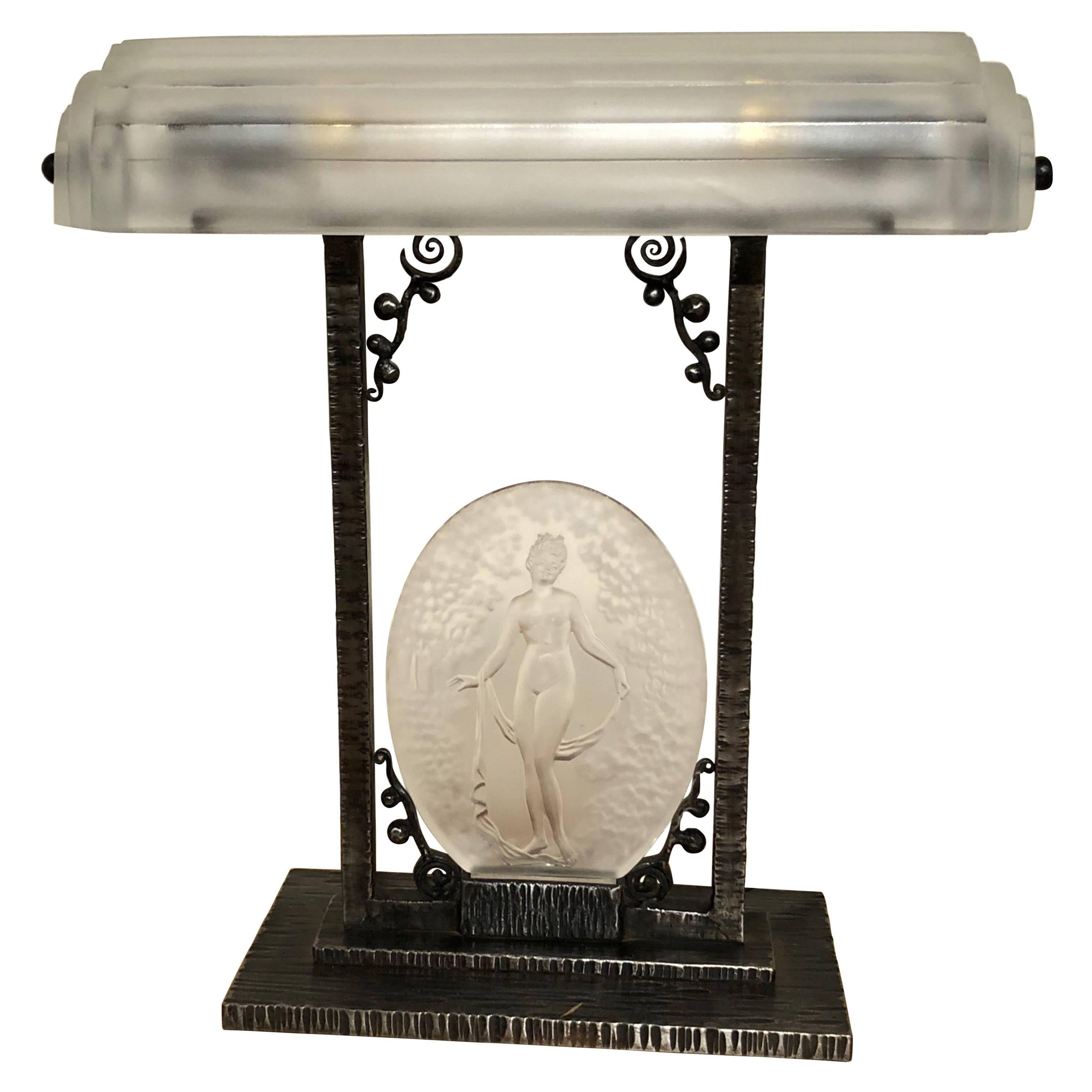 Rare Pierre D´Avesn French Art Deco Acid Etched Table Lamp For Sale
