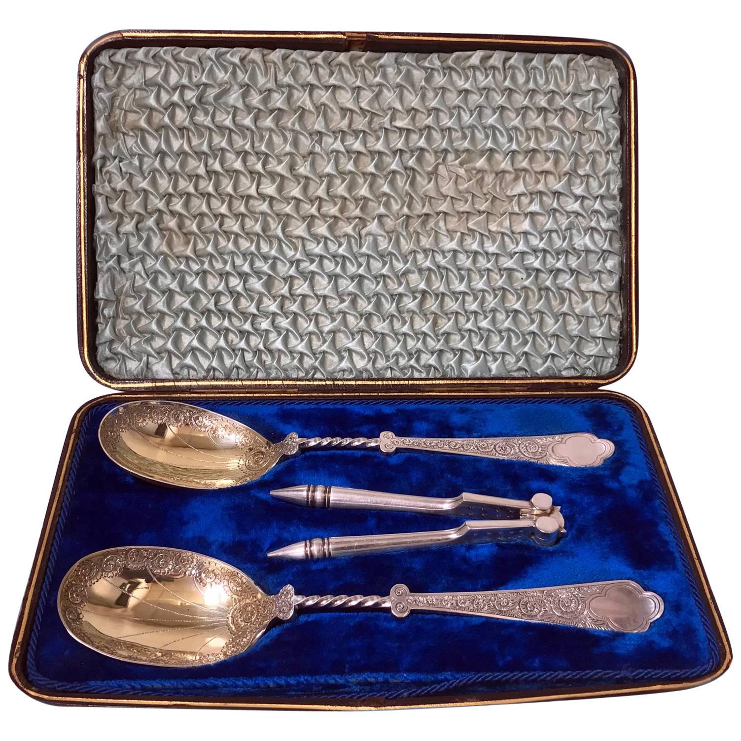 Antique Vermeil Silver Plate Fruit Serving Set, Fitted Box, English, circa 1880
