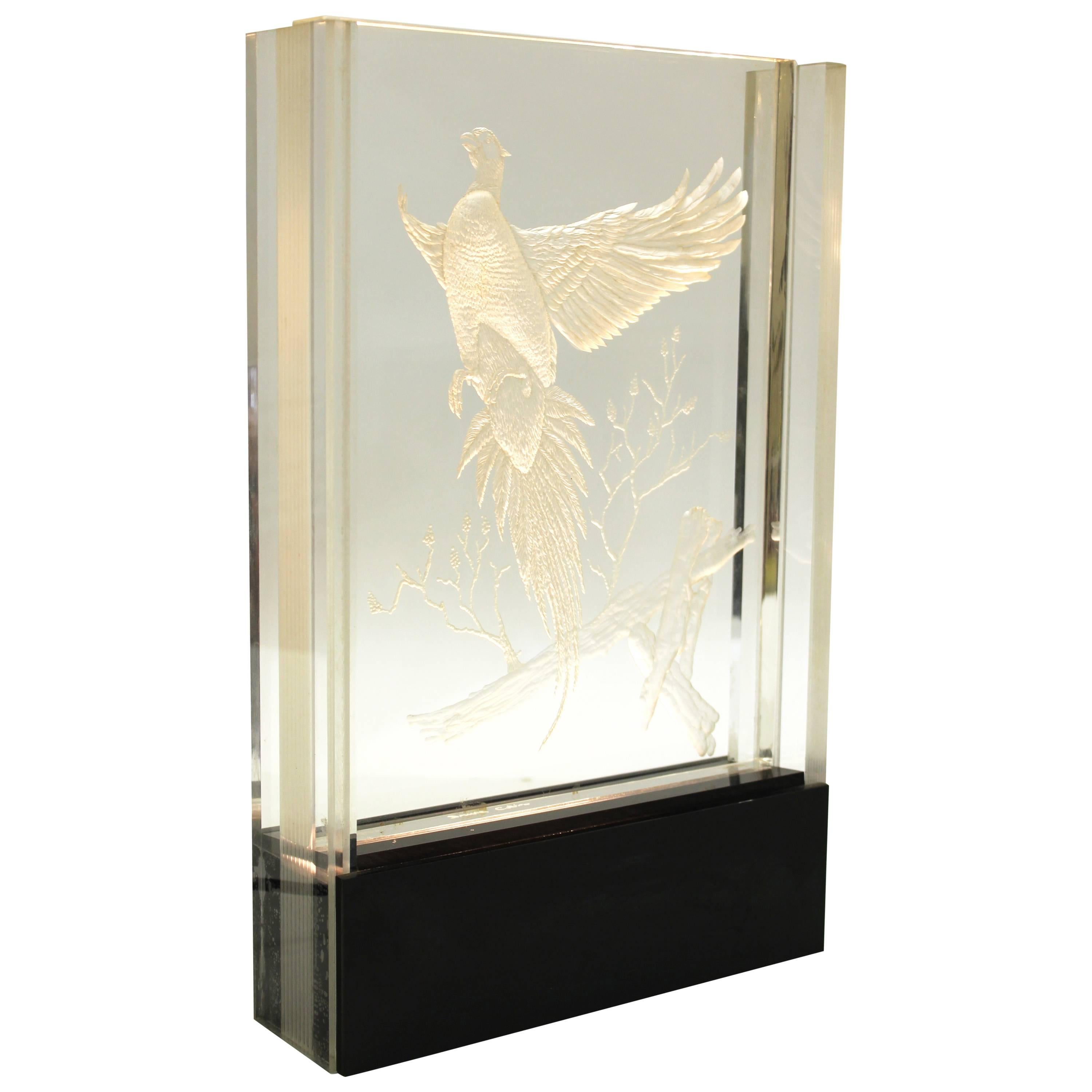 Hollywood Regency Etched Lucite Table Light with Pheasant in Flight