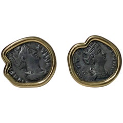 18K Ancient Coin Earrings, Custom Mounted, circa 1990