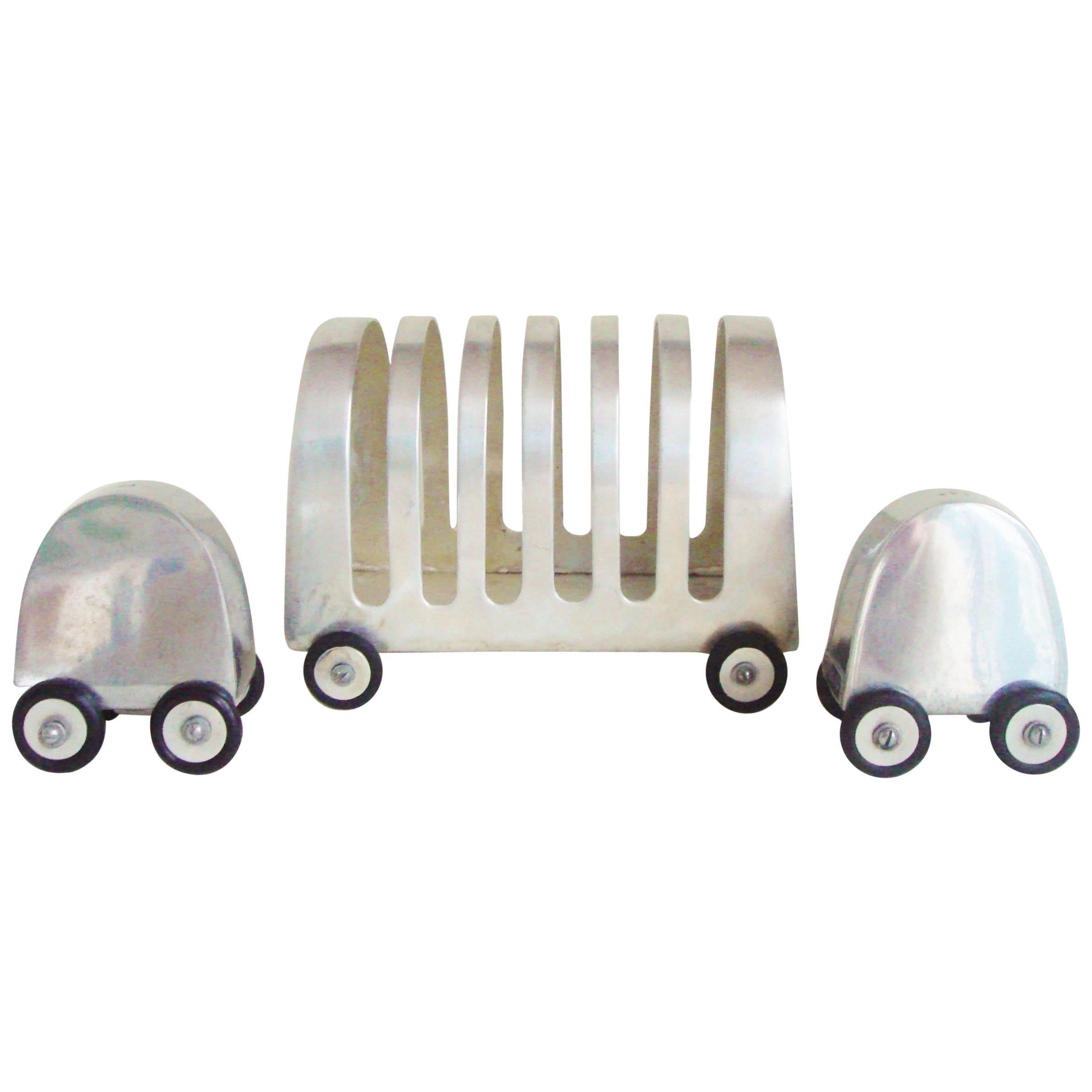 English 1960s Polished Aluminium Cruet and Toast Rack Three-Piece Set on Wheels