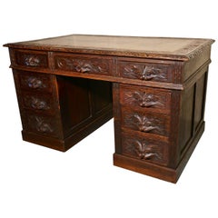 Victorian Green Man Carved Oak Pedestal Desk