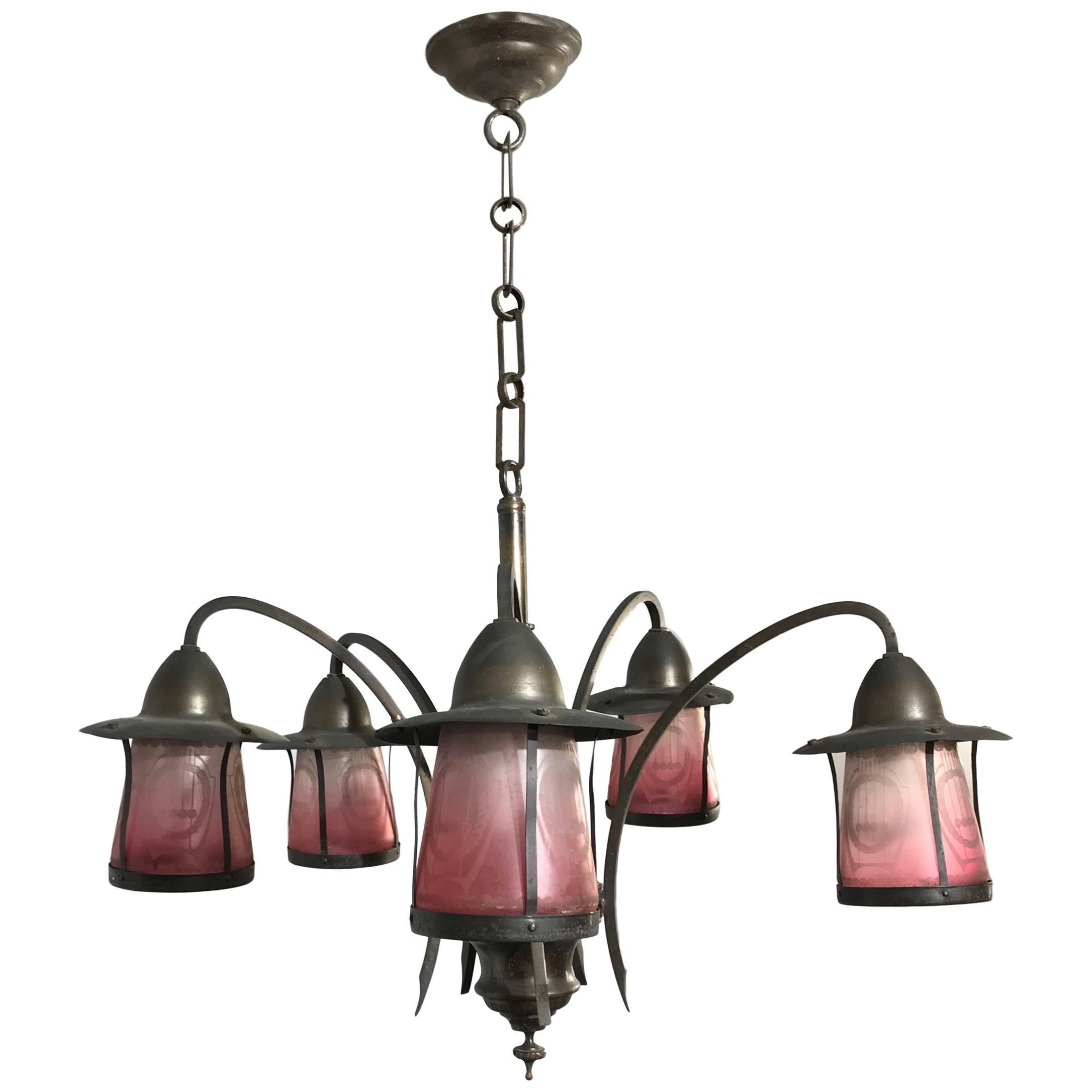 Unique Arts an Crafts Brass Pendant Light with Acid Etched Color Glass Shades For Sale