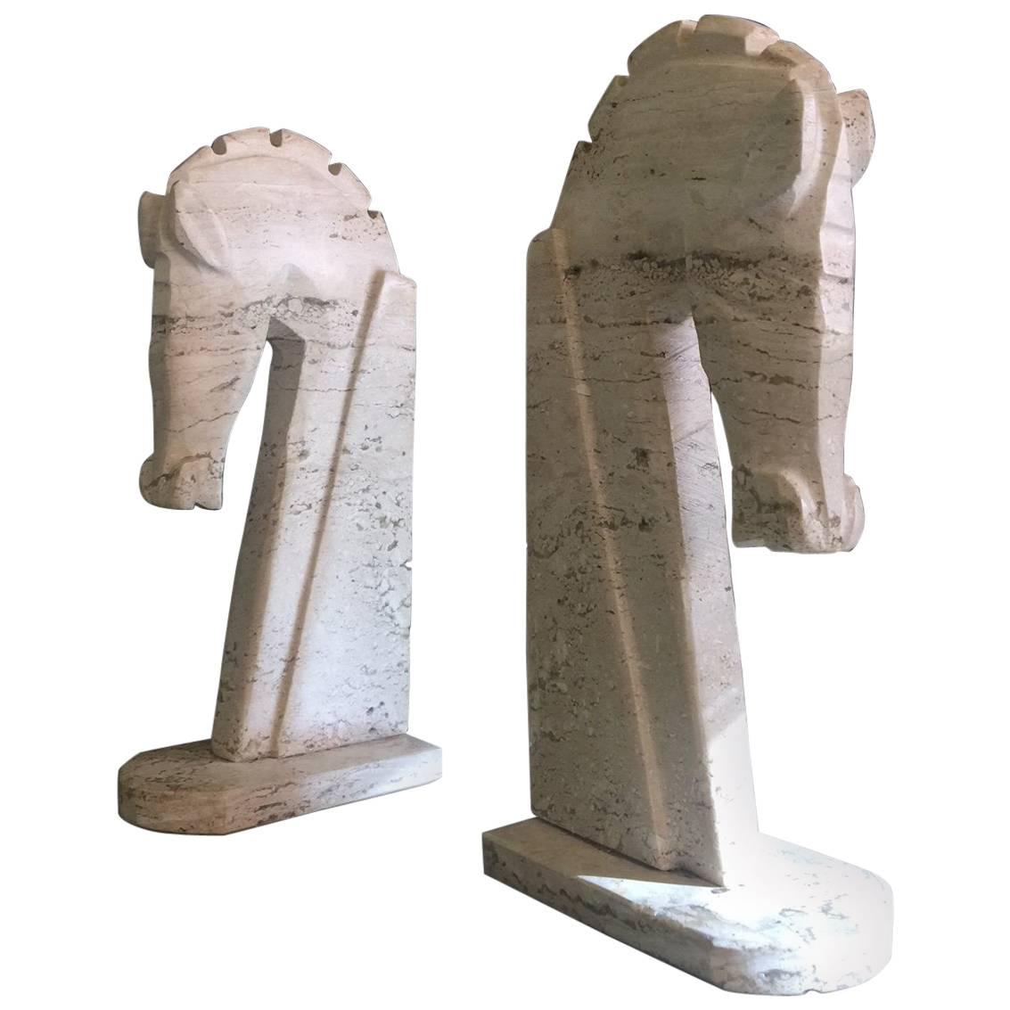 Pair of Mid-Century Italian Travertine Horse Head Bookends