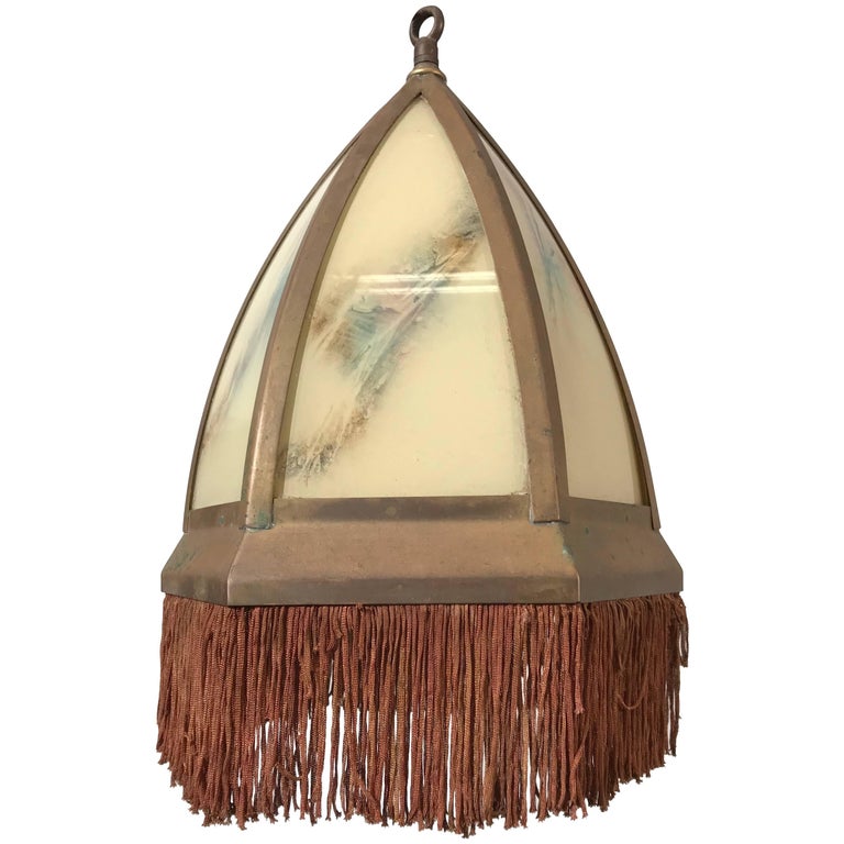 Rare Art Deco Hexagonal Light Fixture with Colored and Curved Glass