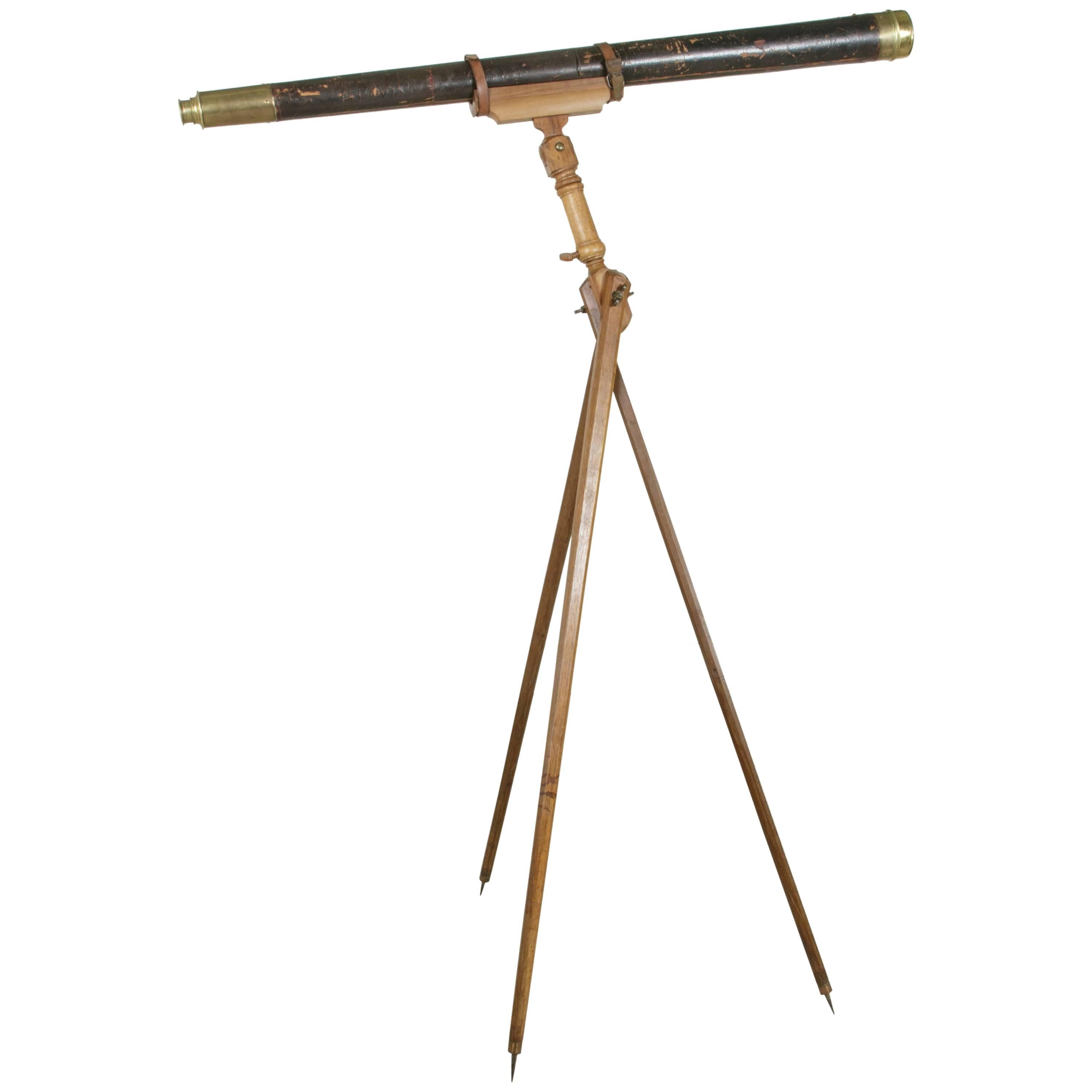 19th Century French Brass Telescope with Leather Wrap and Original Wooden Tripod