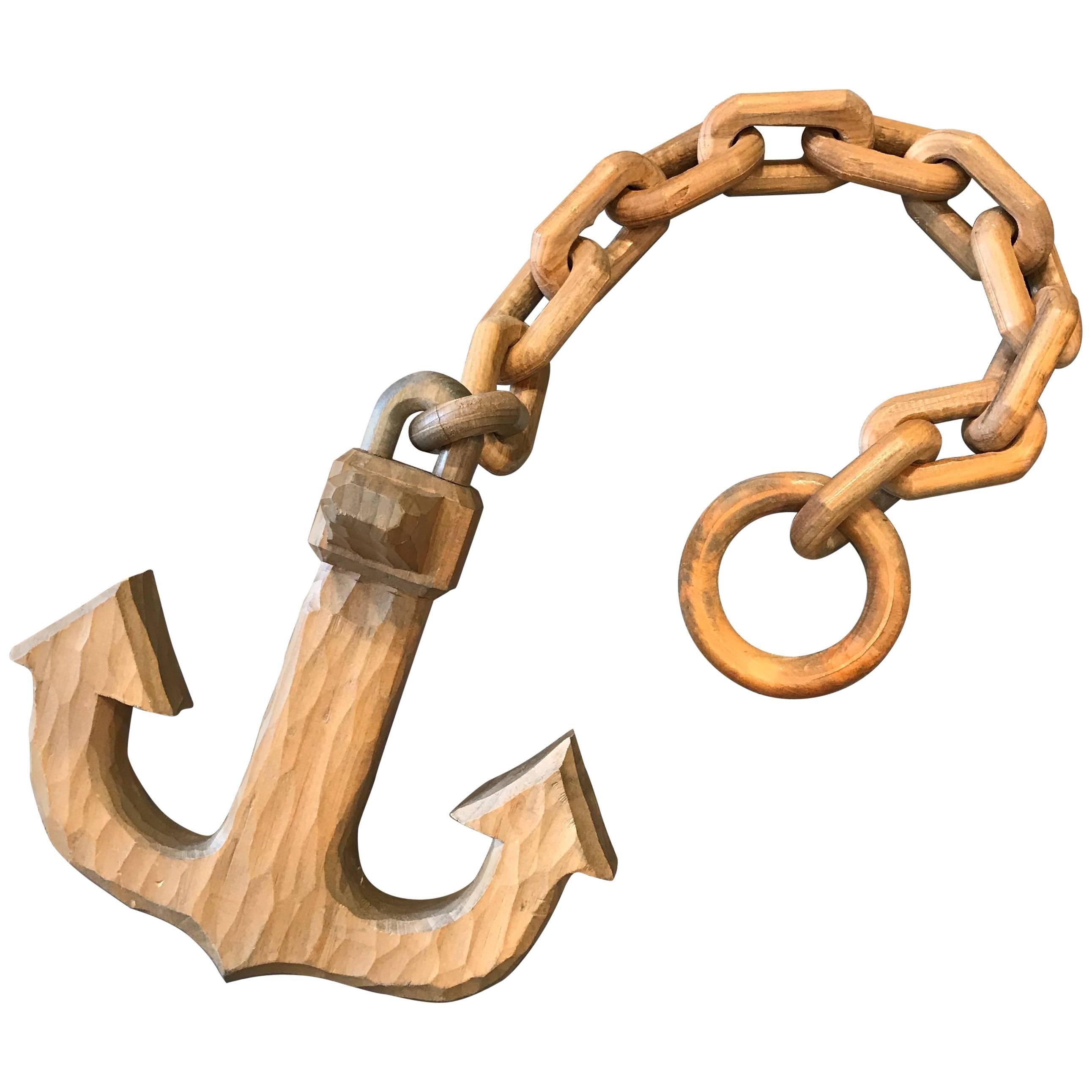 Nautical Folk Art Hand-Carved Wooden Boat Anchor and Chain For Sale