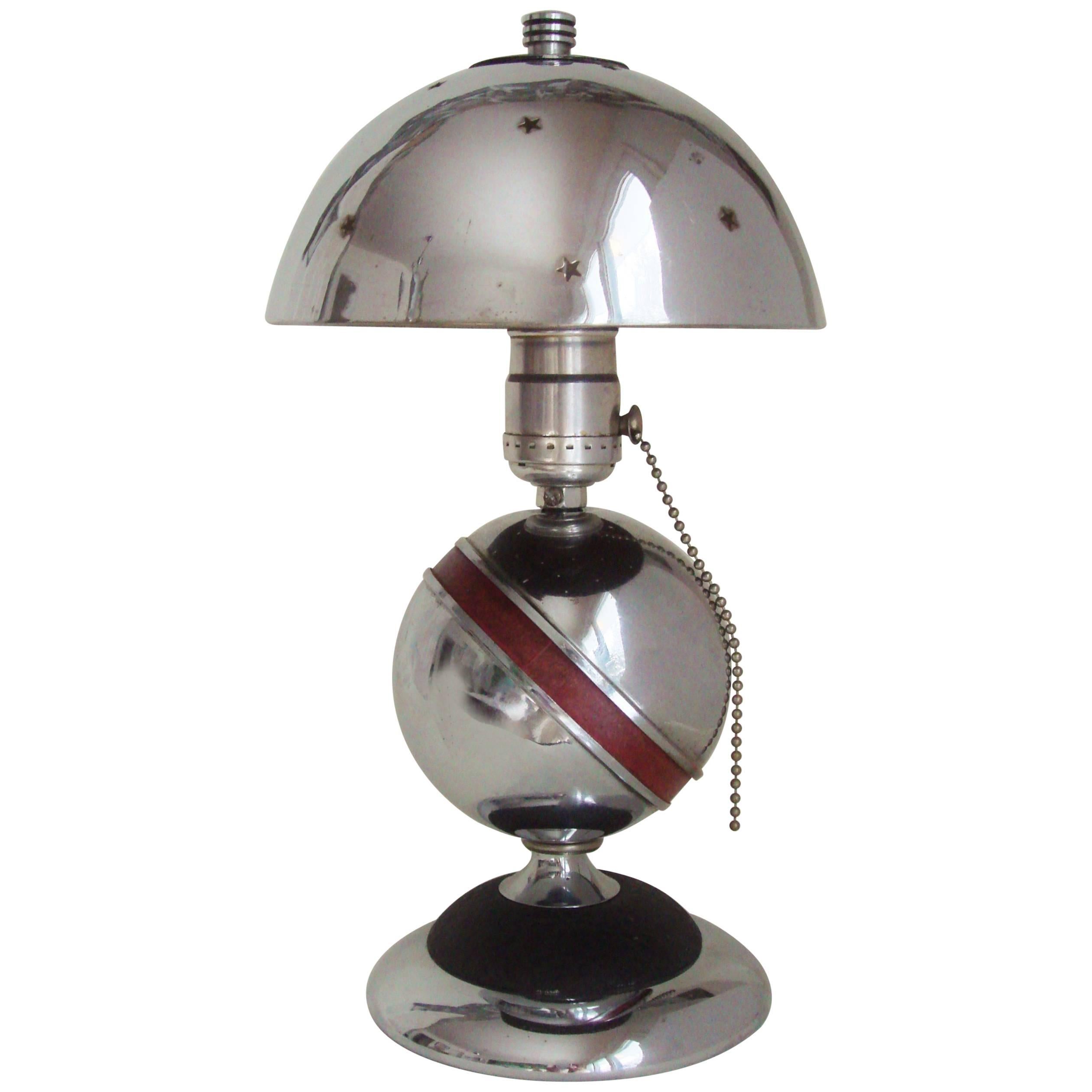 Rare American Art Deco Chrome, Black and Red Saturn Lamp with Star Pierced Shade