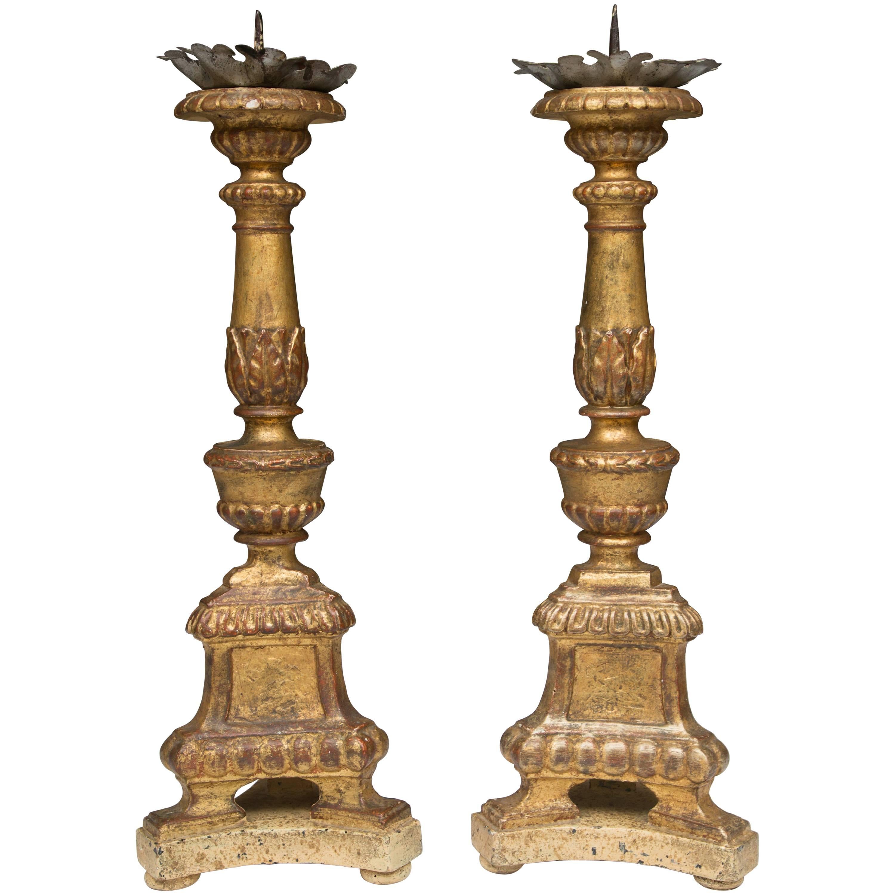 A Pair of Italian Carved Giltwood Pricket Sticks, 19th Century