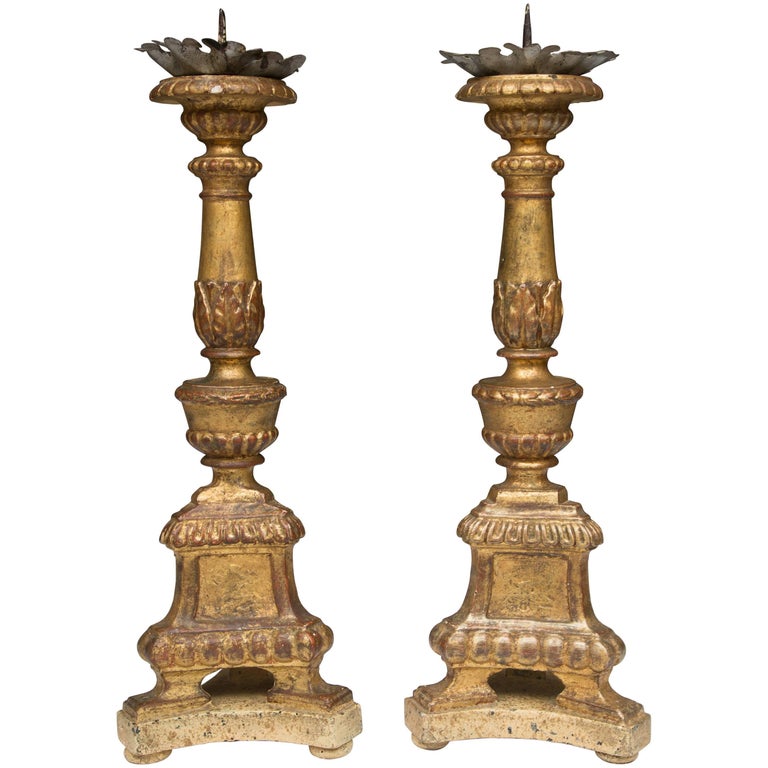 A Pair of Italian Carved Giltwood Pricket Sticks, 19th Century For Sale