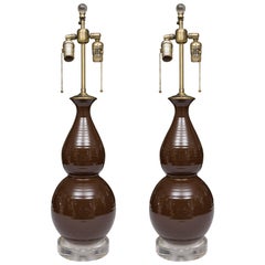 Pair of Chocolate Brown Double Gourd Table Lamps