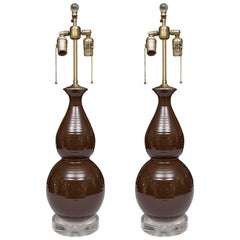 Pair of Chocolate Brown Double Gourd Table Lamps