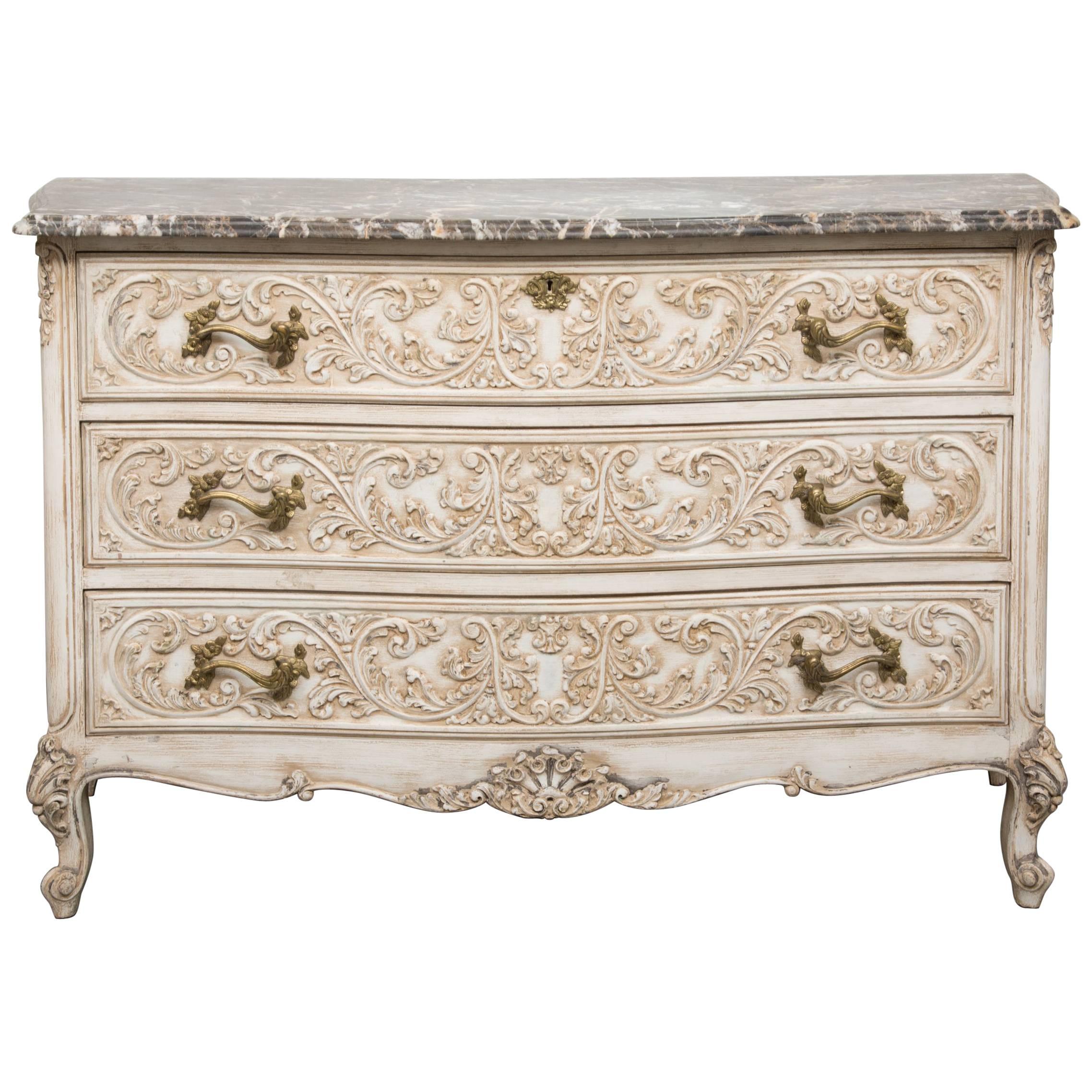 20th Century Carved and  Cream-Painted Commode