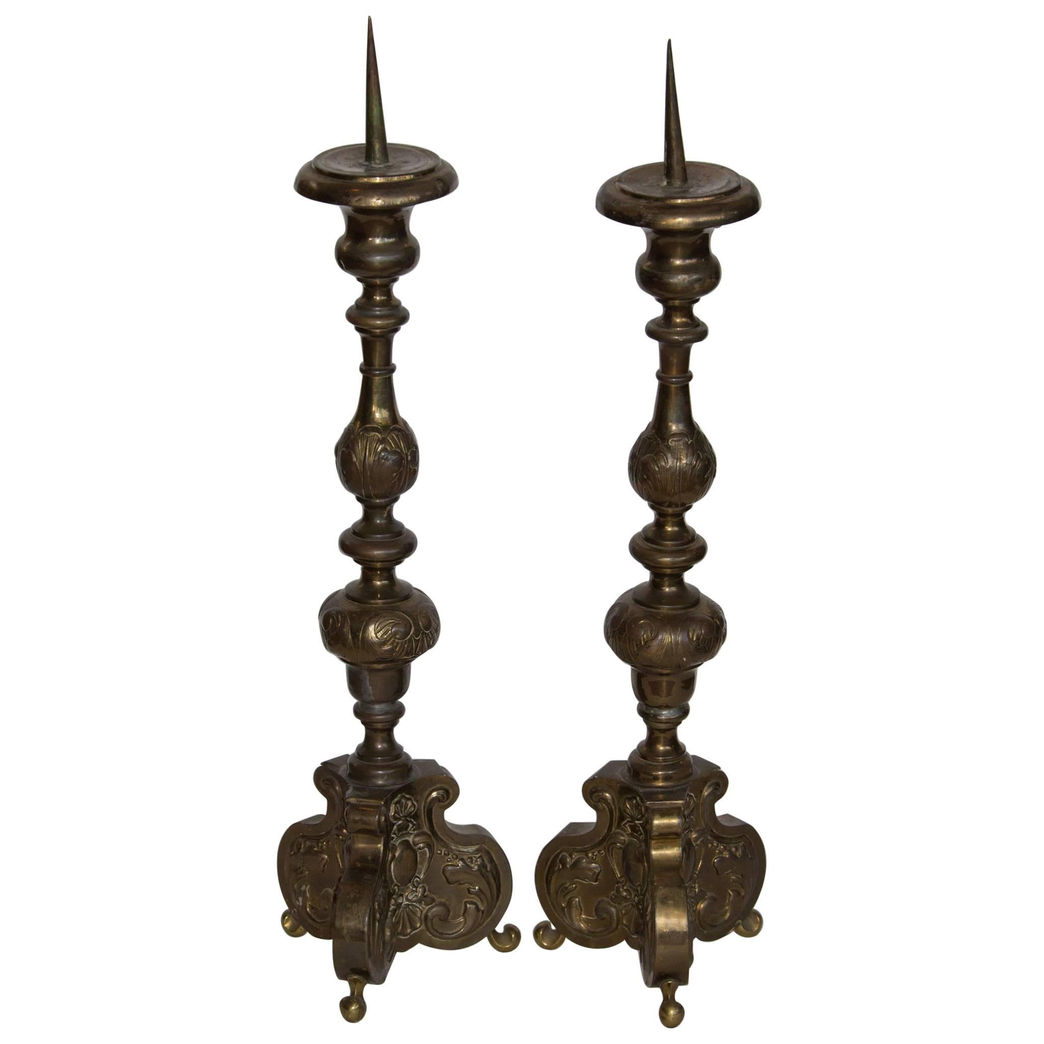 Pair of 19th Century Spanish Baroque Brass Candlesticks