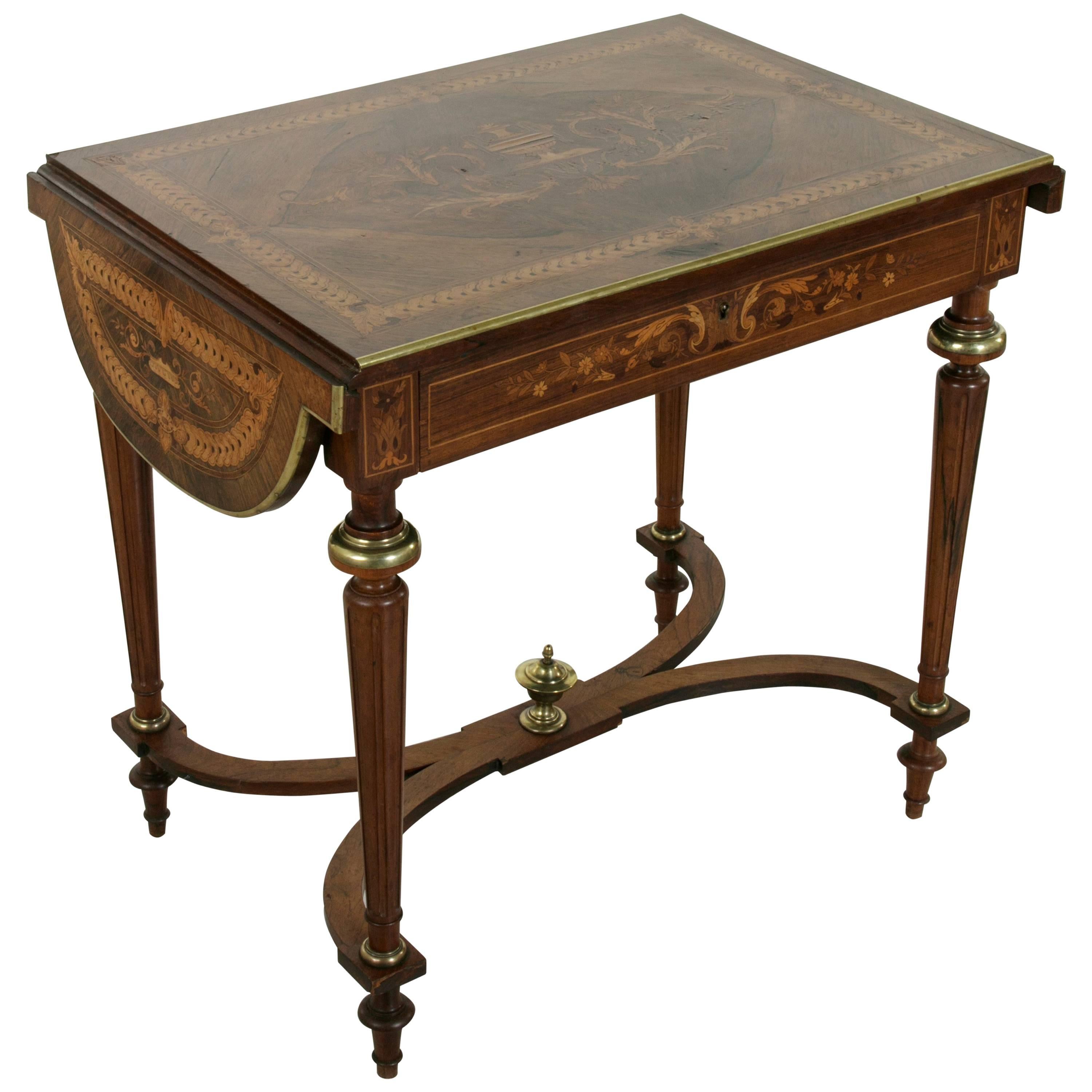 19th Century Napoleon III Drop Leaf Marquetry Table with Exotic Woods and Bronze