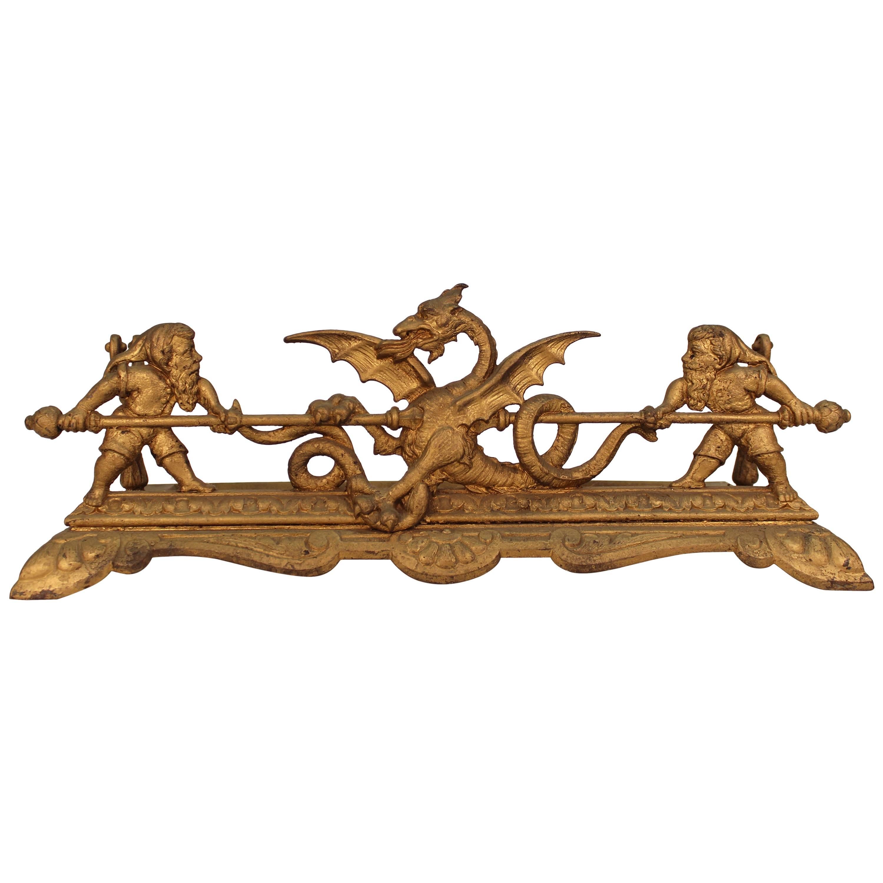 Victorian Gilt Iron Fireplace Tool Cradle with Gnome and Dragon Detailing
