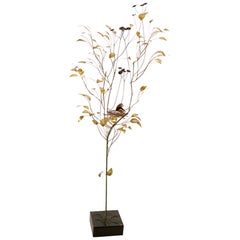 Curtis Jere, Patinated and Welded Brass Tree with a Stylized Birds Nest, Signed