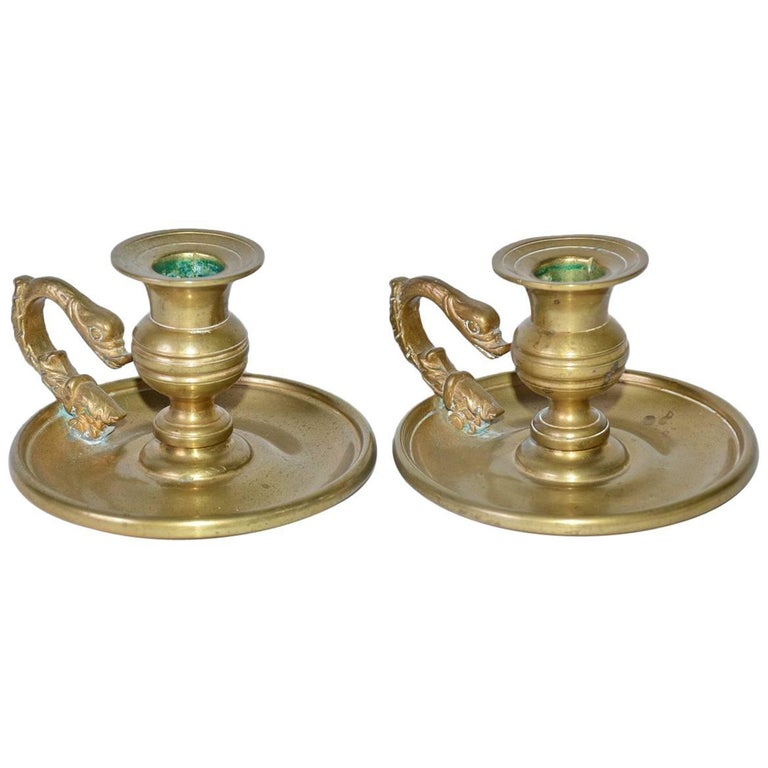 Pair of Antique Brass Candleholders with Dolphin Handles For Sale