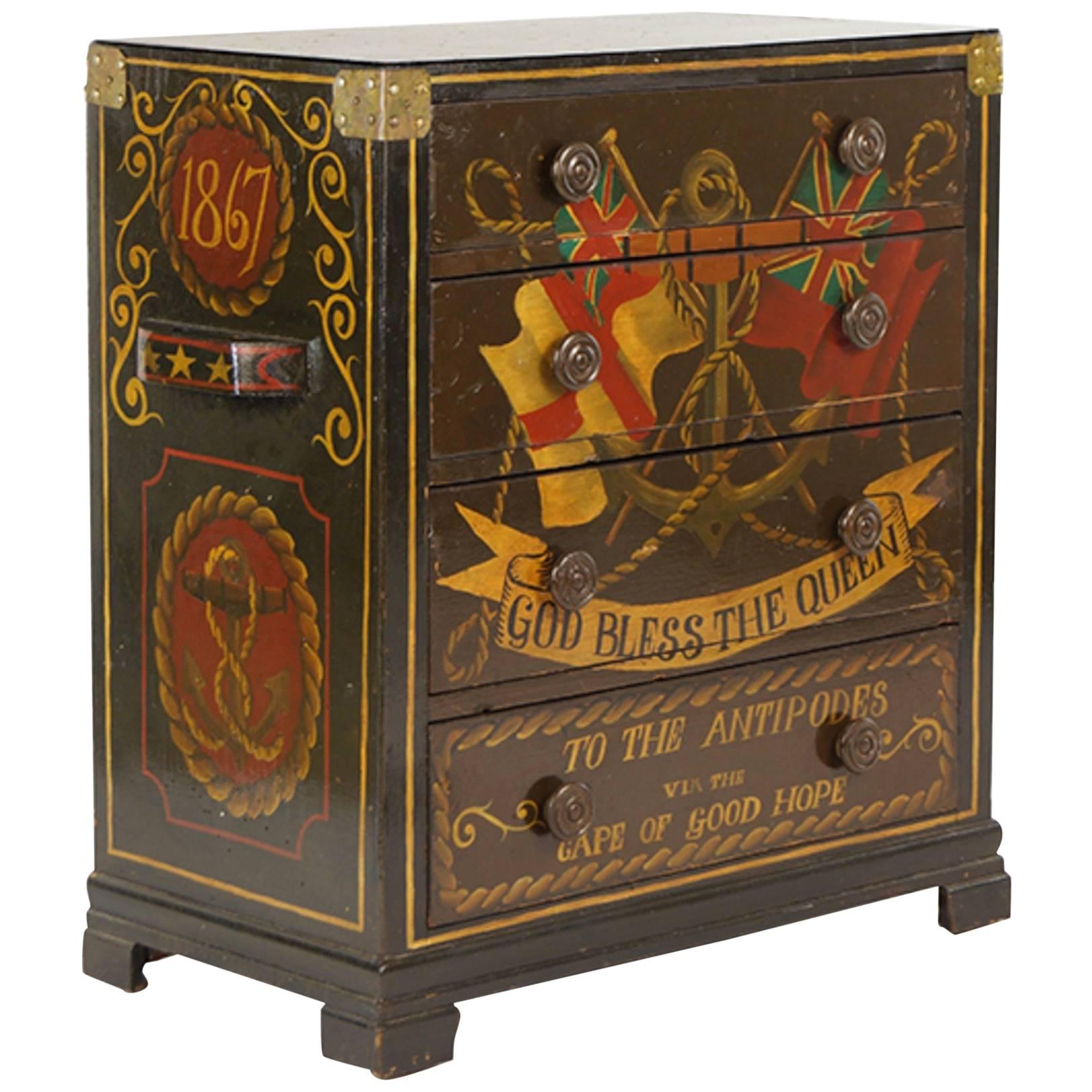 Very Decorative, Handsome English Four-Drawer Painted Chest