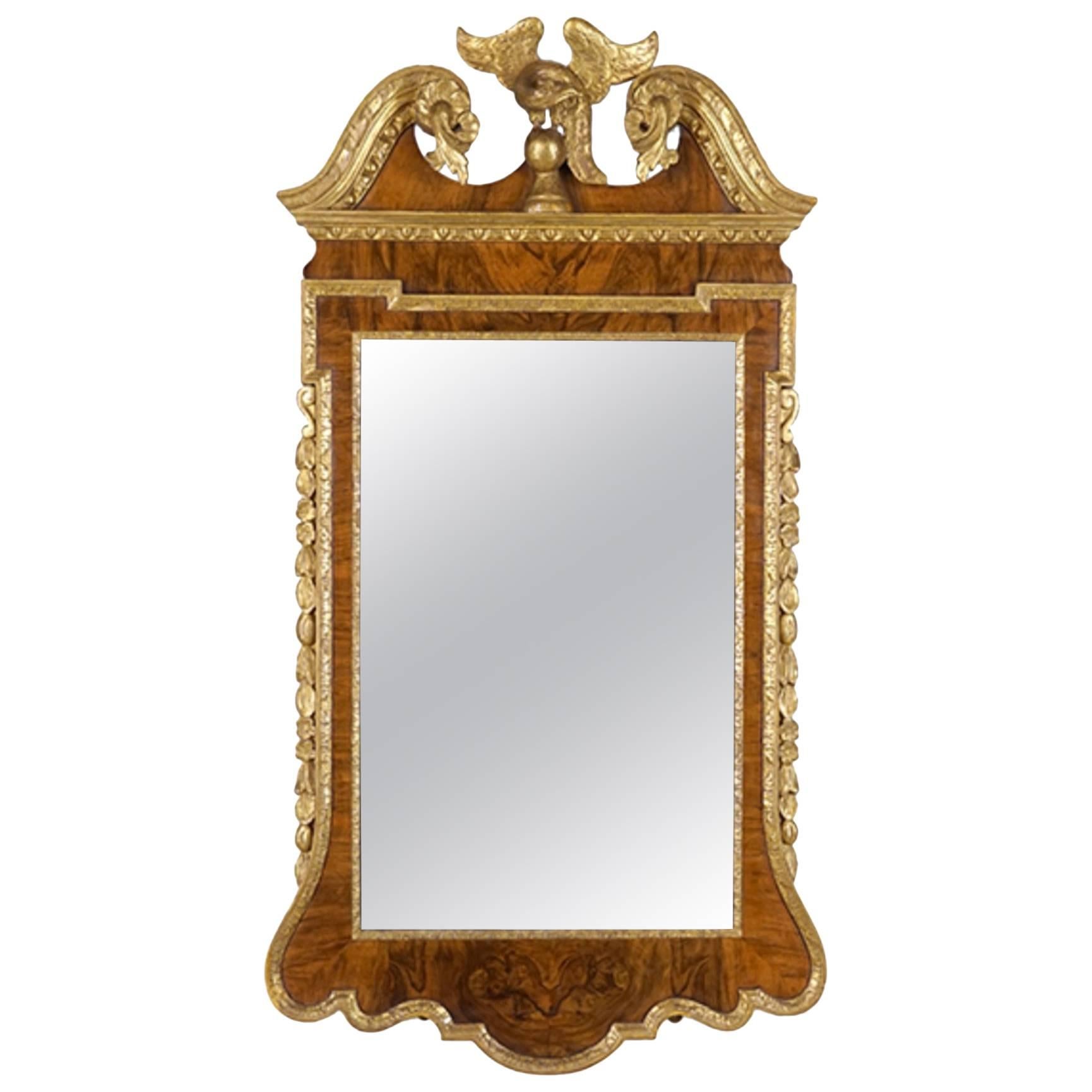 19th Century Geo III Style Mirror, Burled Walnut With Giltwood Decoration