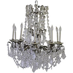 20th Century 10 light Antique Brass Chandelier Large French Pendant Crystals