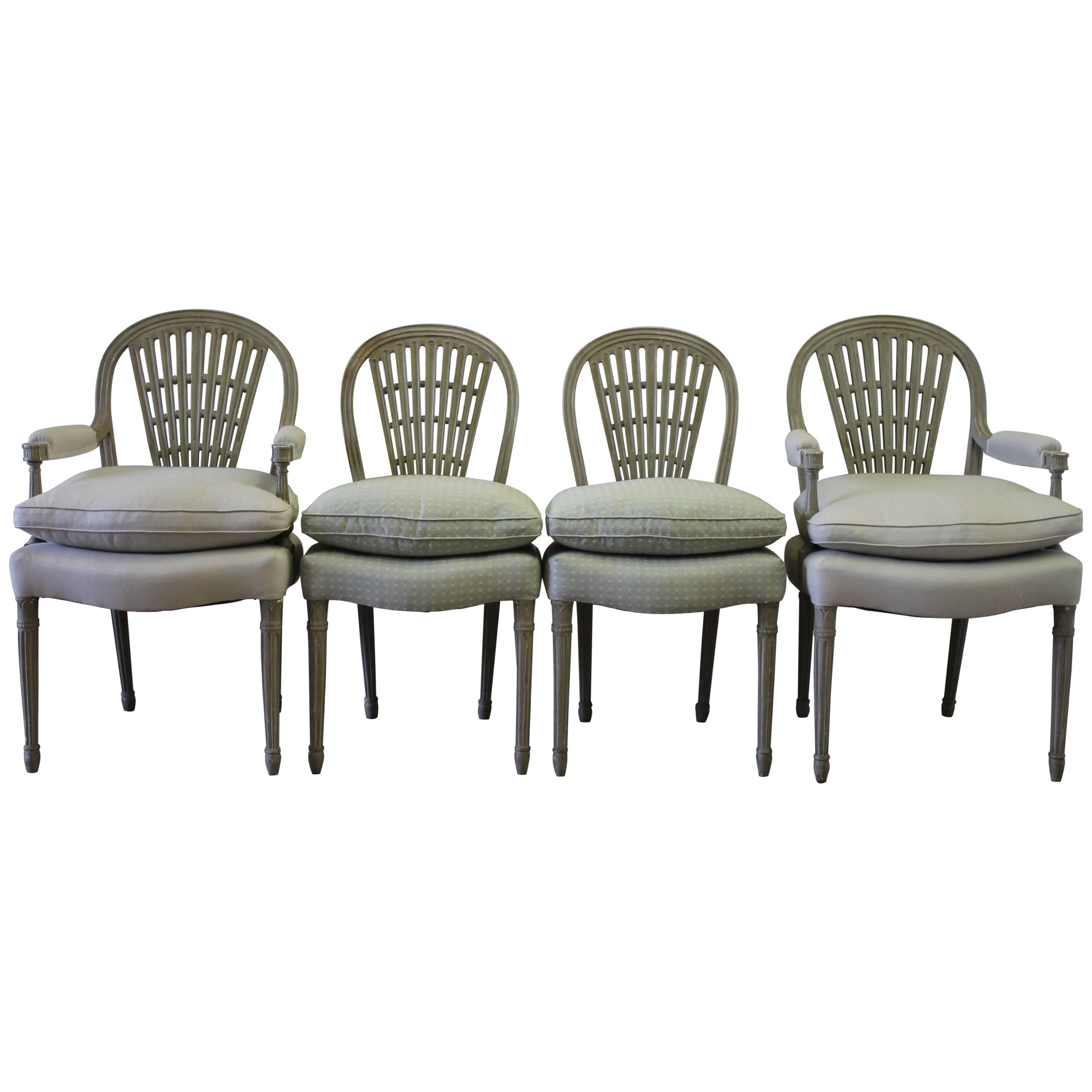 Early 19th Century Painted Upholstered Wheatsheaf Style Gustavian Dining Chairs