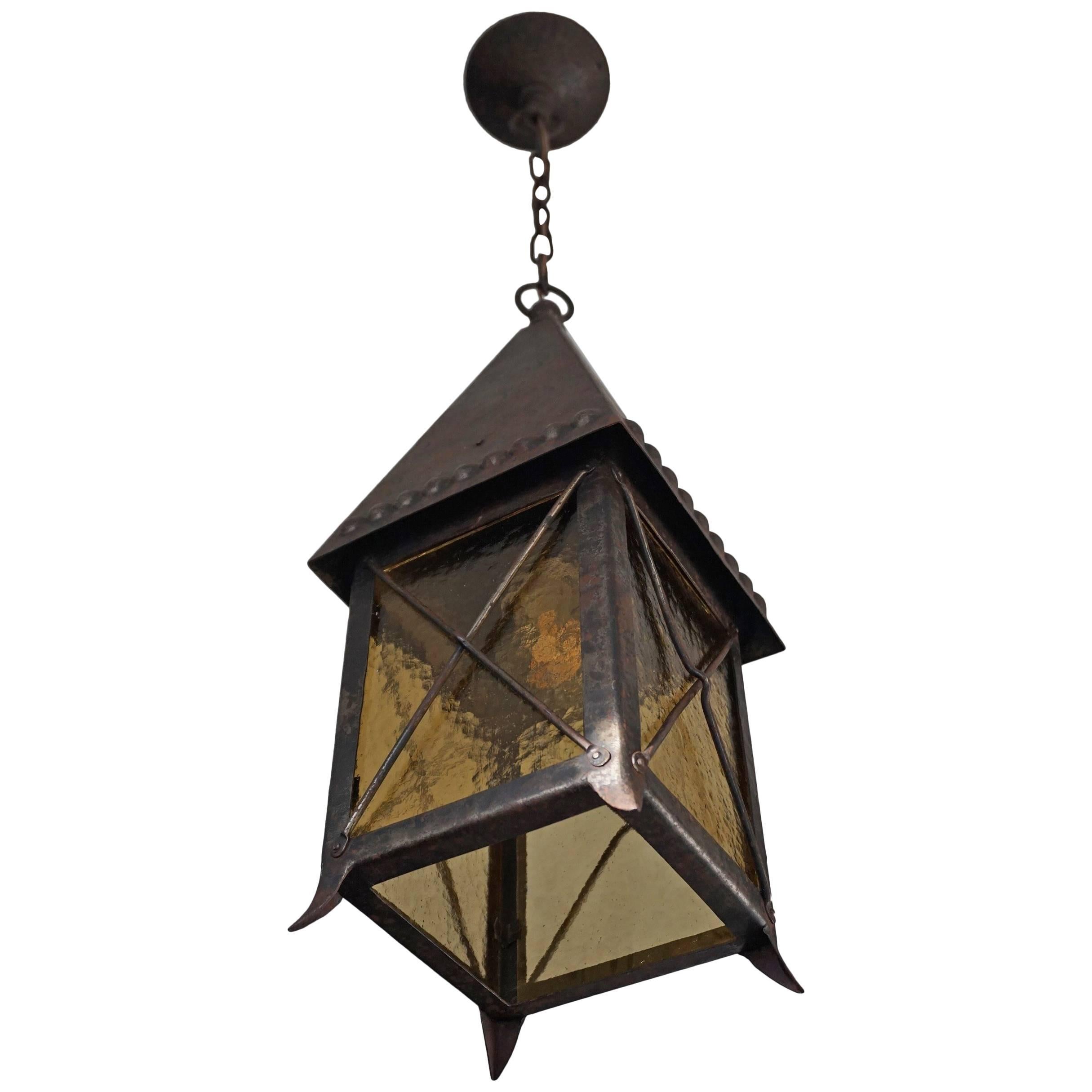 Early 1900s Arts and Crafts Wrought Iron and Cathedral Glass Lantern