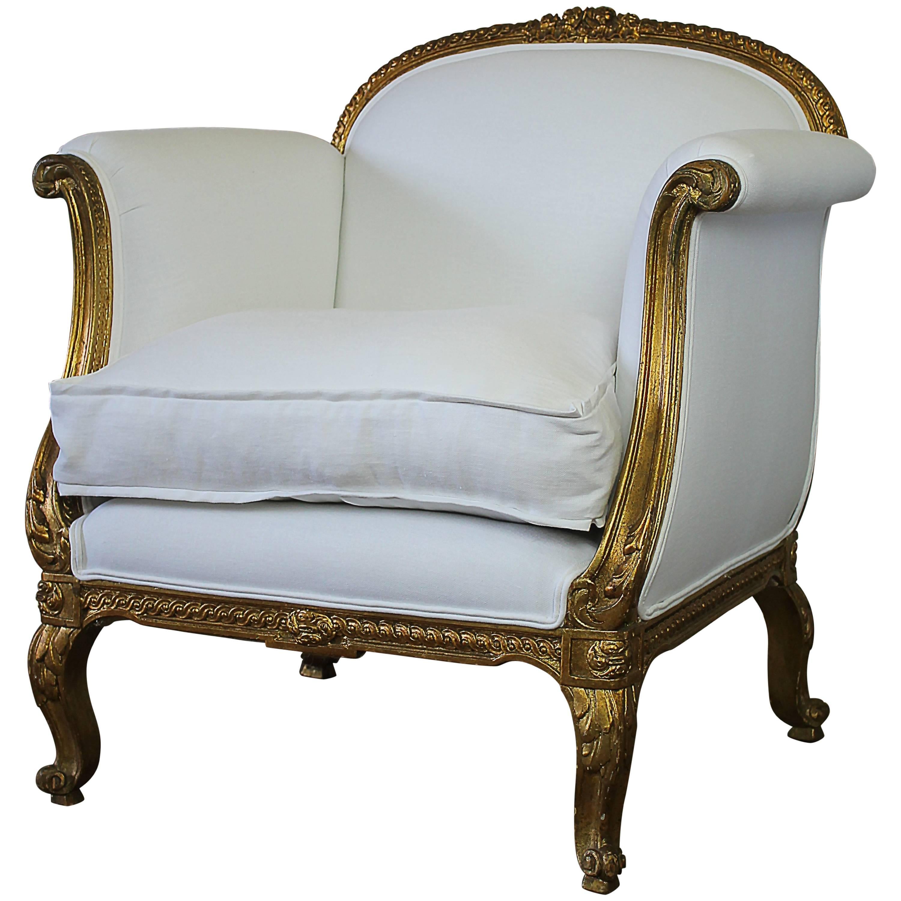 Antique French Louis XV Style Gilded Club Chair in White Belgian Linen