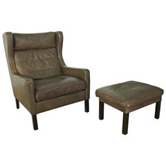 Borge Mogensen Style High Back Lounge Chair and Ottoman in Dark Olive Leather