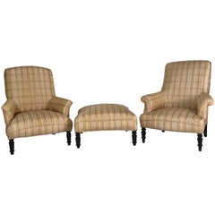 Pair of French Library Chairs with Ottoman in Bold Silk Plaid