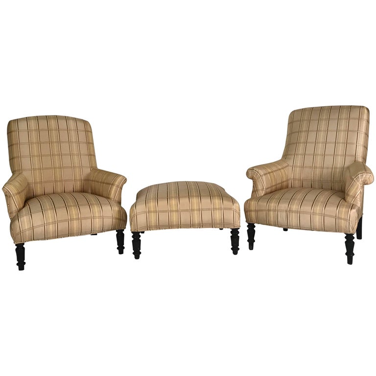 Pair of French Library Chairs with Ottoman in Bold Silk Plaid at 1stdibs